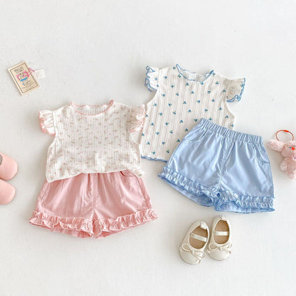 Floral ribbed ruffle top and shorts premium set