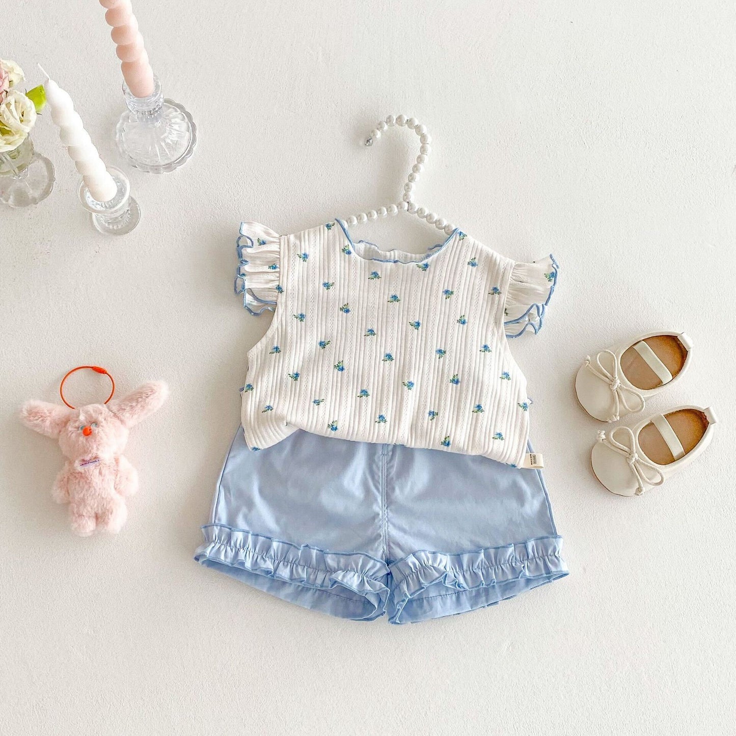 Floral ribbed ruffle top and shorts premium set