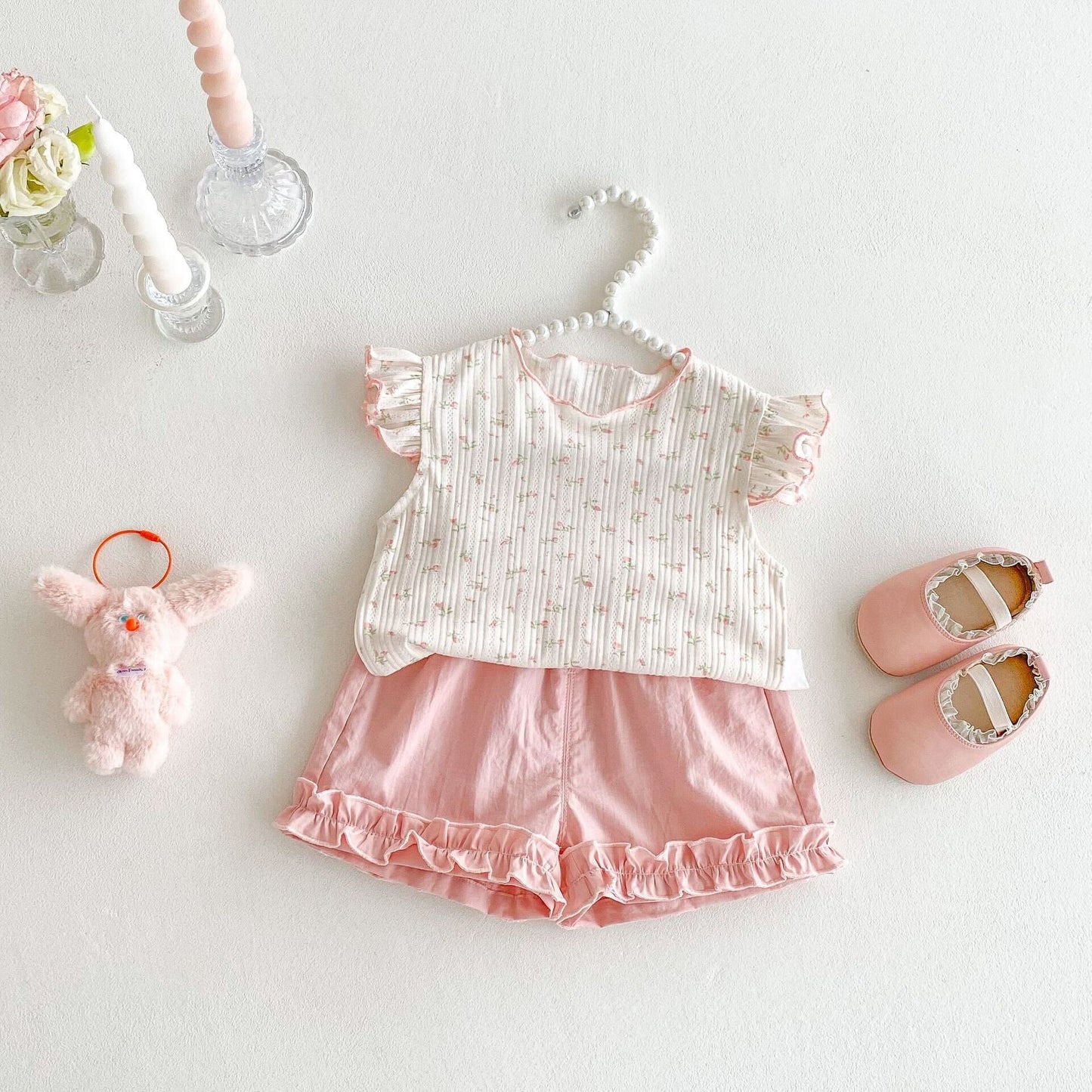 Floral ribbed ruffle top and shorts premium set