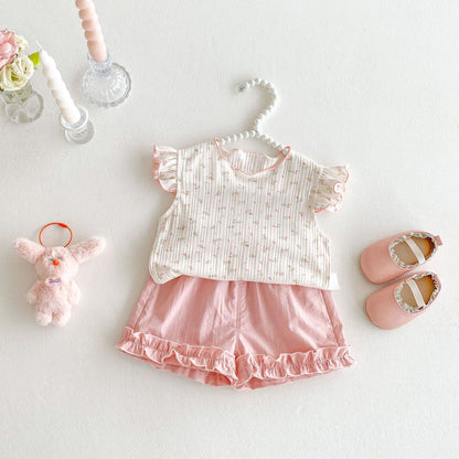 Floral ribbed ruffle top and shorts premium set