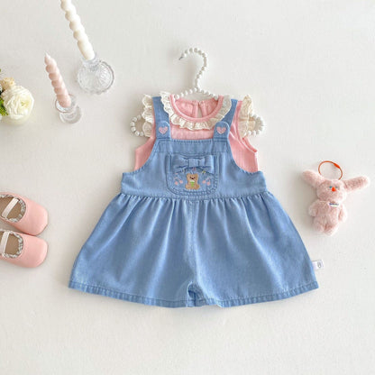 Lace tshirt and bear dungaree set