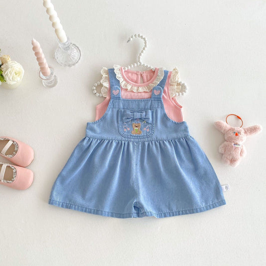 Lace tshirt and bear dungaree set