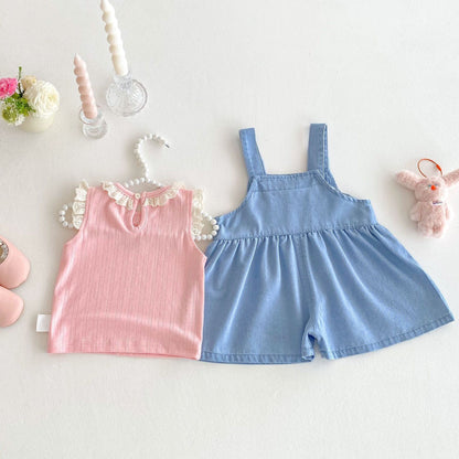 Lace tshirt and bear dungaree set