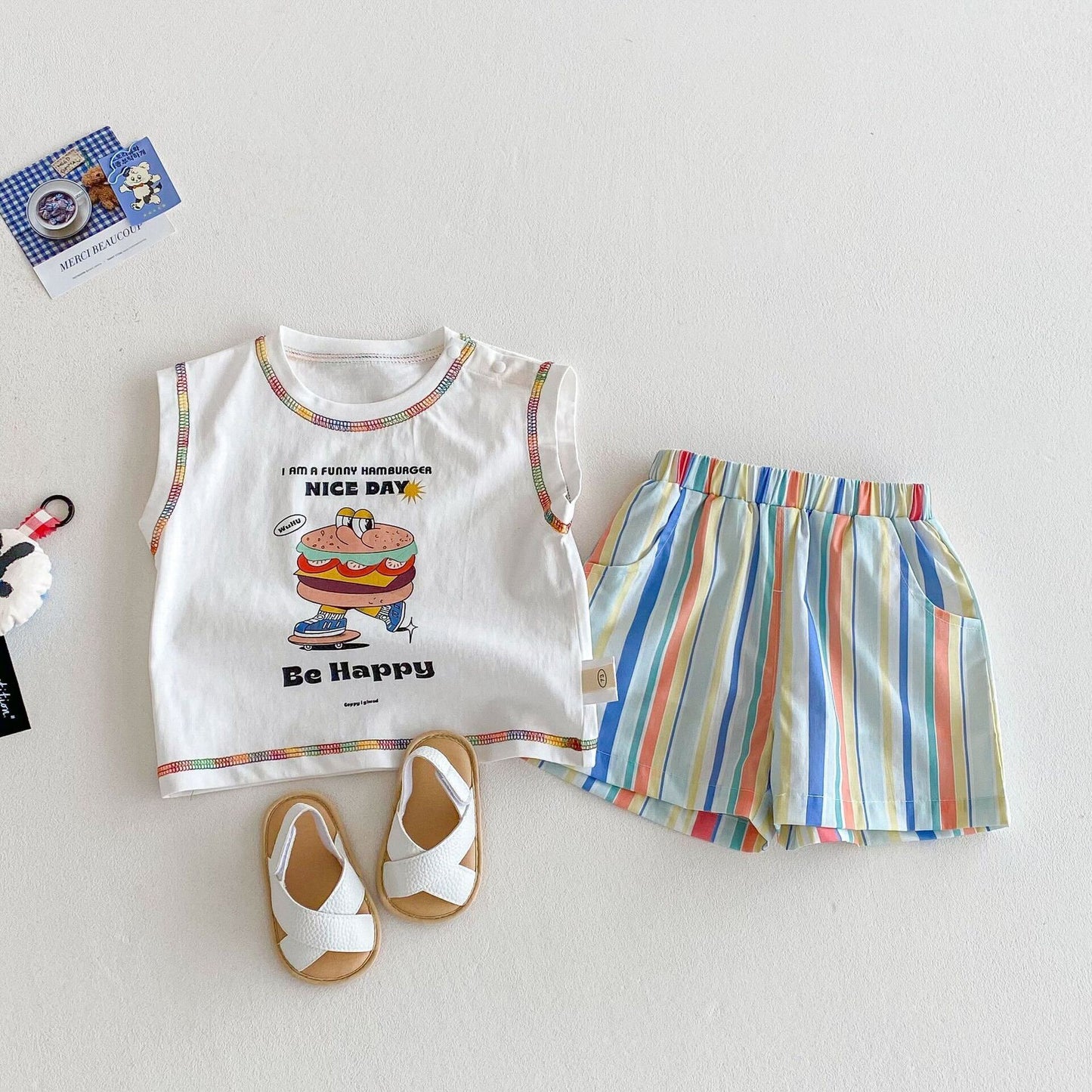 Printed tank top and striped shorts premium set