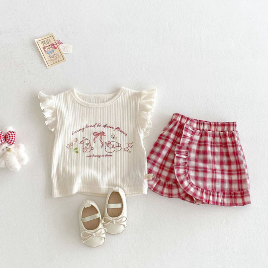 Printed ribbed top and checkered stylish shorts set