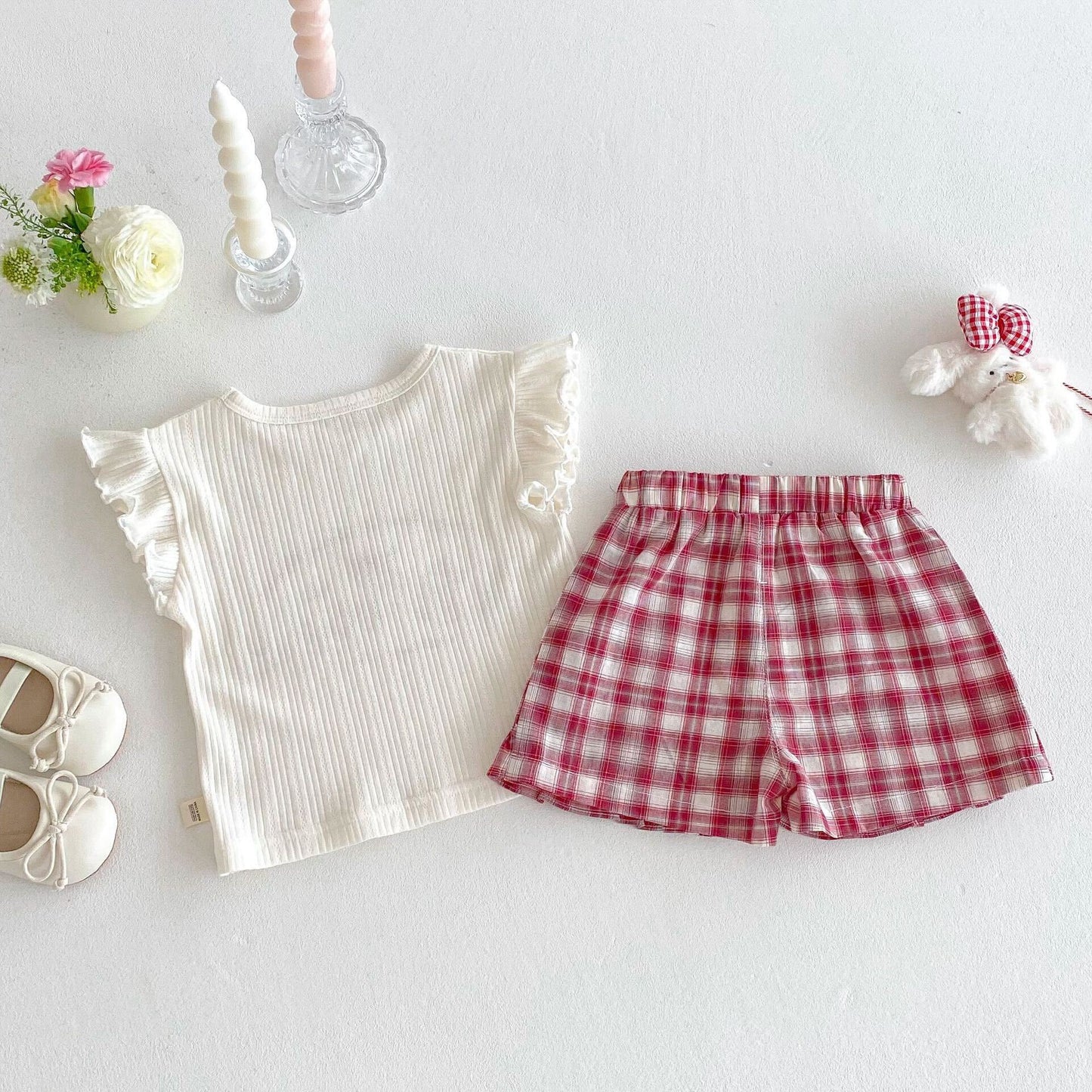 Printed ribbed top and checkered stylish shorts set