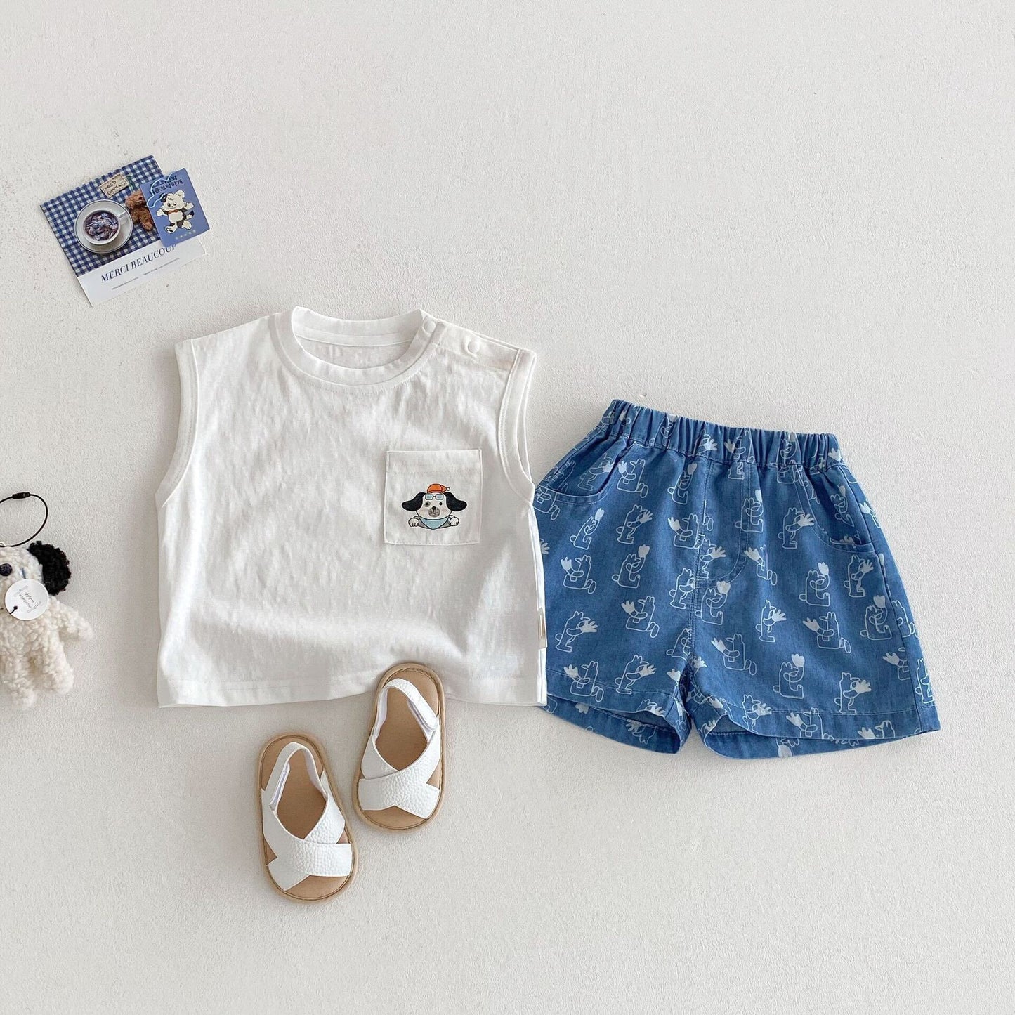 Tank top and denim printed shorts premium set