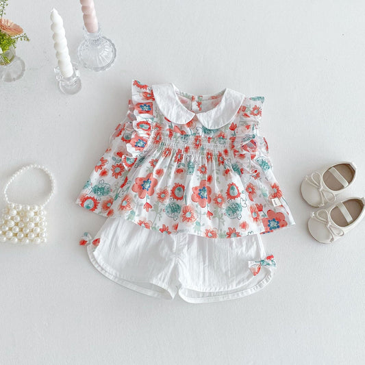 Floral ruffle sleeves top and shorts set