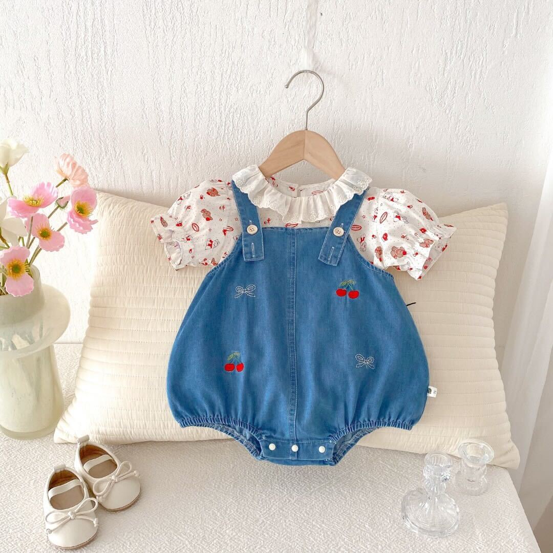 Cherry embroidered denim romper with lace collar premium tshirt