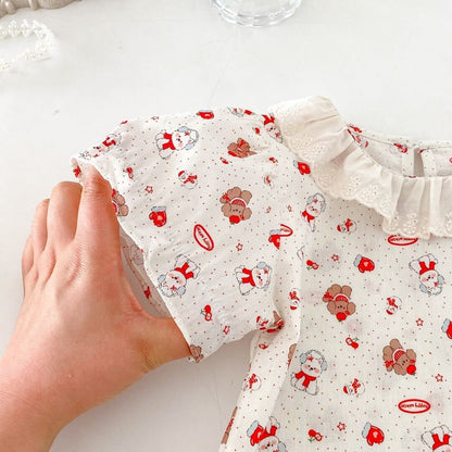 Cherry embroidered denim romper with lace collar premium tshirt