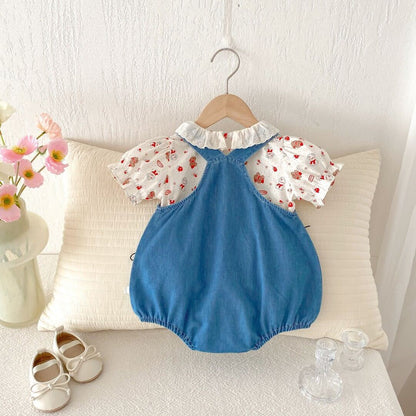 Cherry embroidered denim romper with lace collar premium tshirt