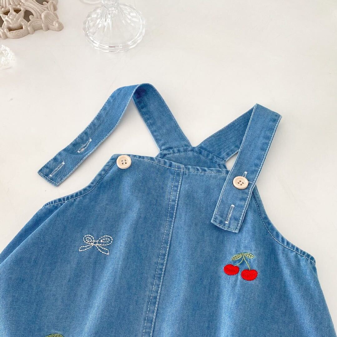 Cherry embroidered denim romper with lace collar premium tshirt