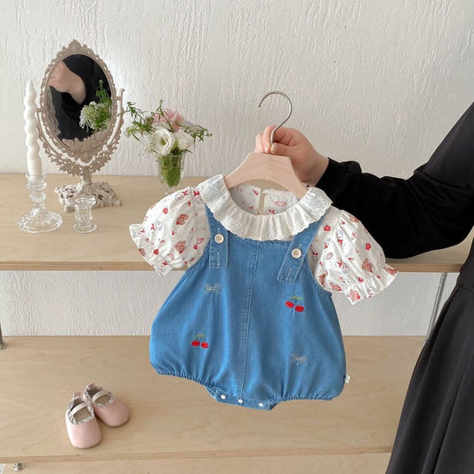 Cherry embroidered denim romper with lace collar premium tshirt