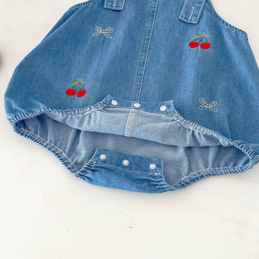 Cherry embroidered denim romper with lace collar premium tshirt
