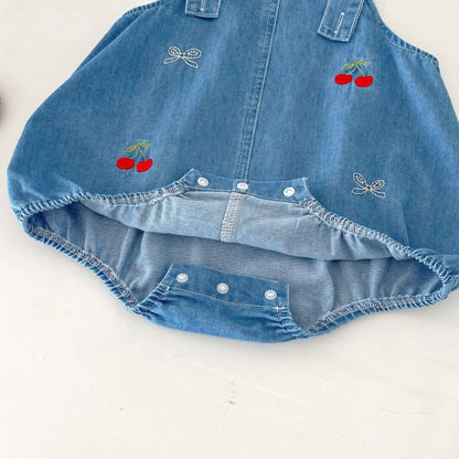 Cherry embroidered denim romper with lace collar premium tshirt
