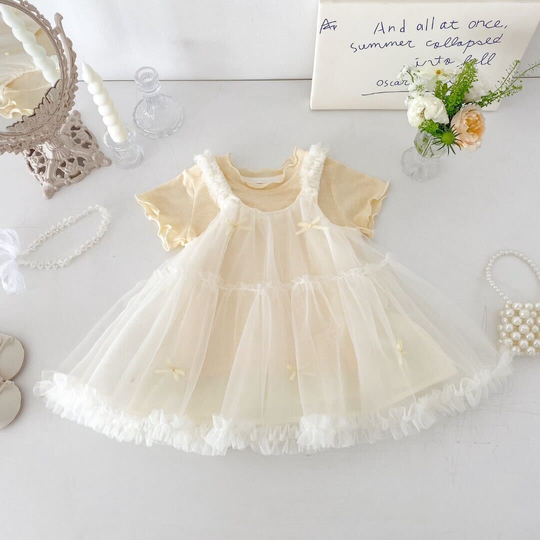 Ruffle net dress with tshirt premium set