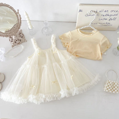 Ruffle net dress with tshirt premium set