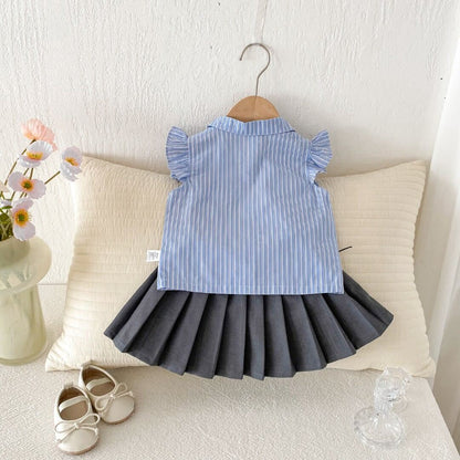 Striped ruffle shirt and pleated skirt premium set
