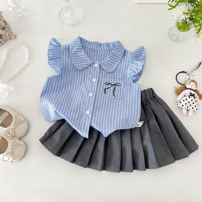 Striped ruffle shirt and pleated skirt premium set