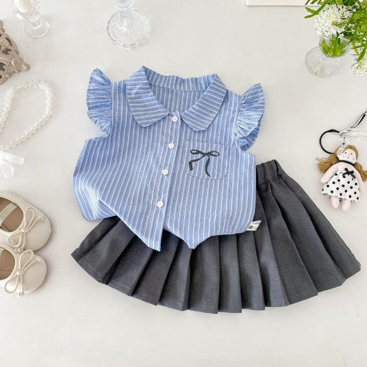 Striped ruffle shirt and pleated skirt premium set