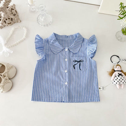 Striped ruffle shirt and pleated skirt premium set