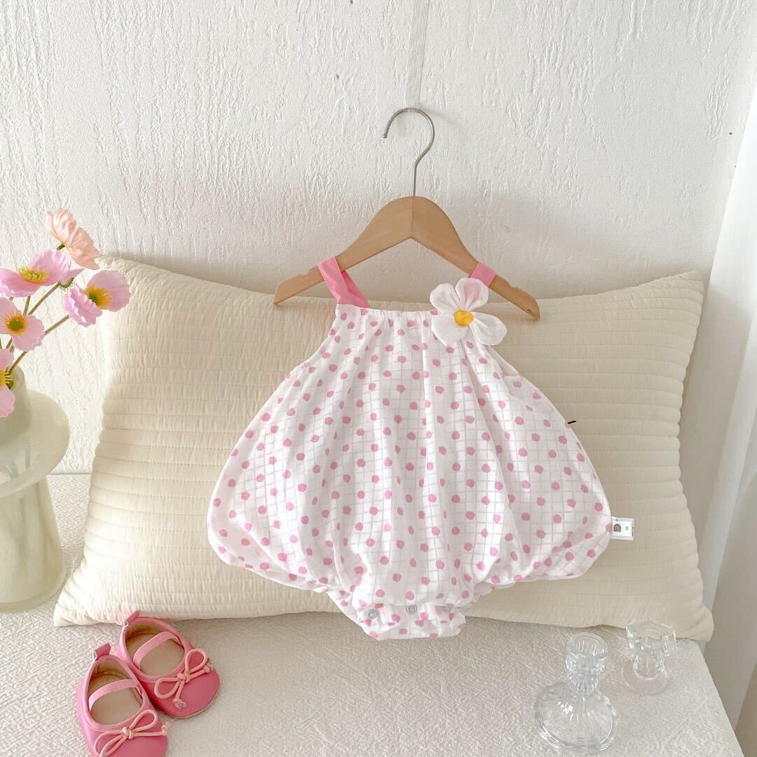 Polka dot pink and white romper