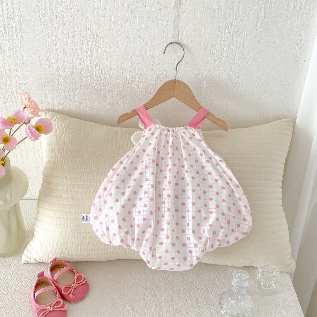 Polka dot pink and white romper