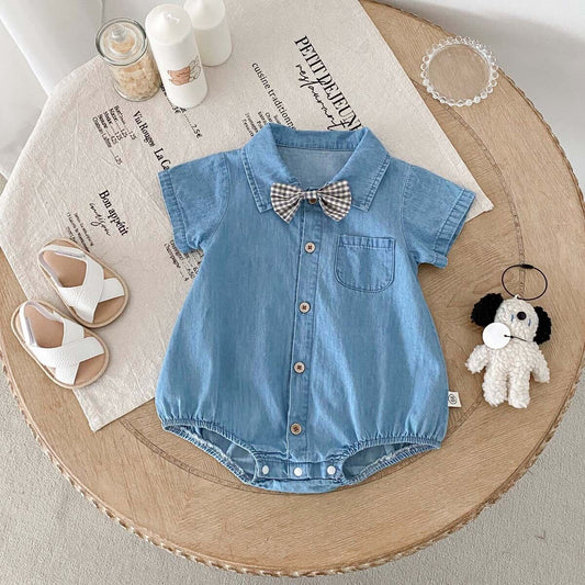 Bow made denim romper