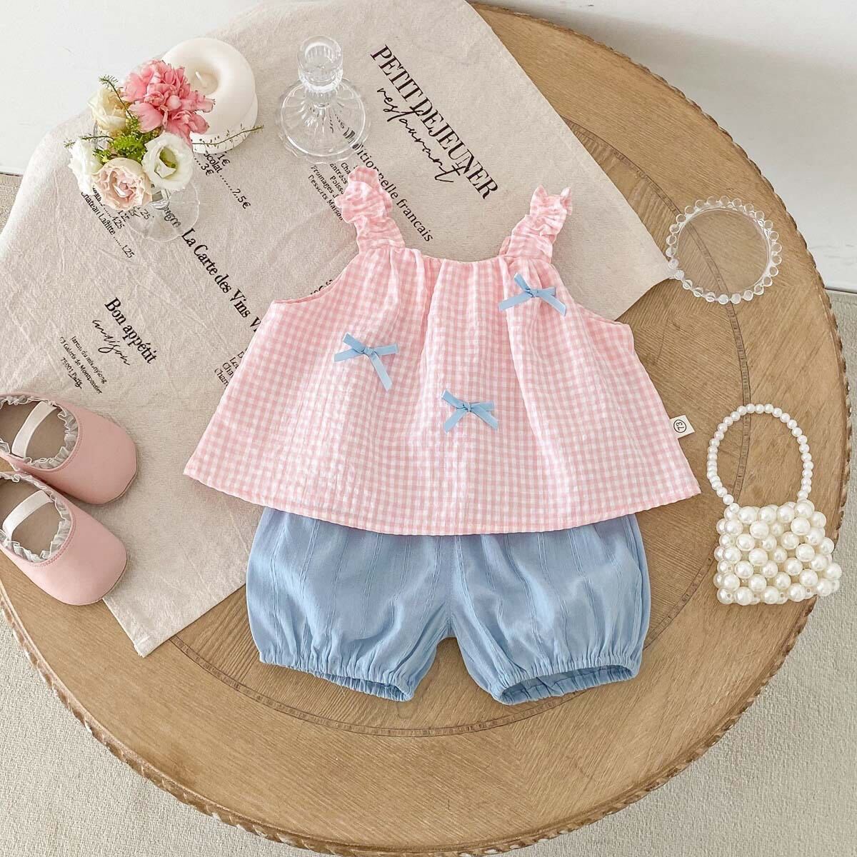 Checkered top and solid shorts set