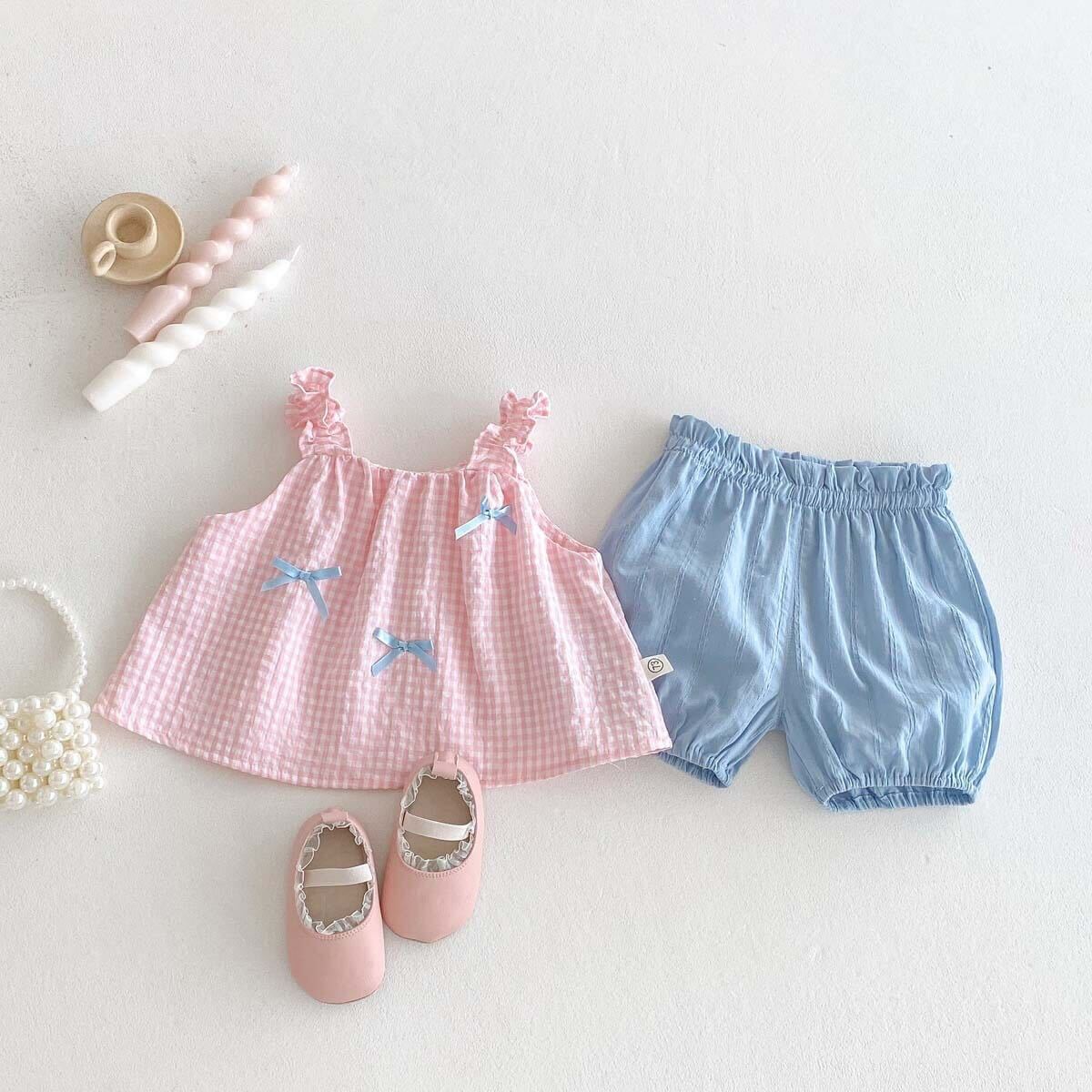 Checkered top and solid shorts set