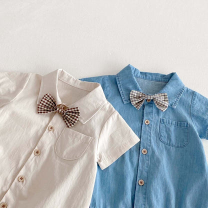Bow made denim romper