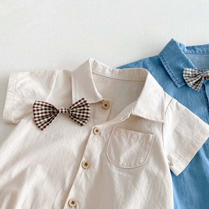 Bow made denim romper