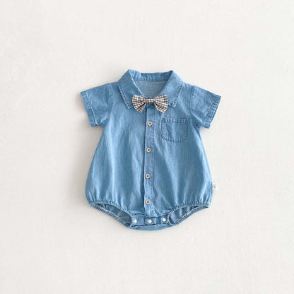 Bow made denim romper