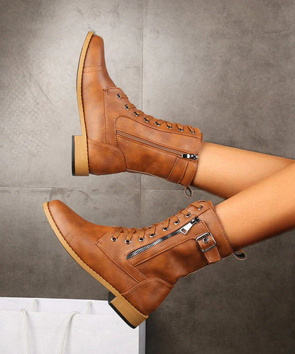 Evie - Trendy Chunky Boots with Stylish Cross Strap and Zipper Detail