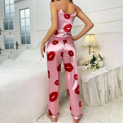 Rhea - Luxury Satin Pyjamas Set with Lip Print for Women