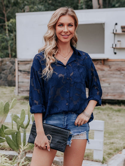 Madelyn - Elegant and Comfortable Dark Blue Pattern Blouse for Women