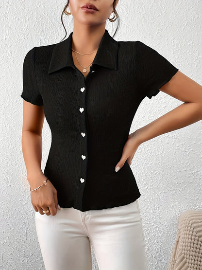 Maya - Stylish Black Blouse with Cute Heart-shaped Buttons for Women
