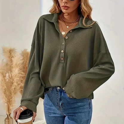 Lilian - Elegant Autumn Green Ribbed Blouse with Buttons for Women