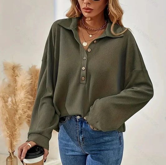 Lilian - Elegant Autumn Green Ribbed Blouse with Buttons for Women