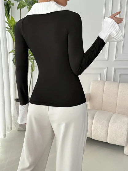 Natalie - Stylish Autumn Chic Black Top with Contrasting Collar for Women