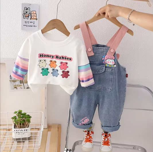 Girls' Stylish Casual Two-Piece Denim Suit Long-Sleeved
