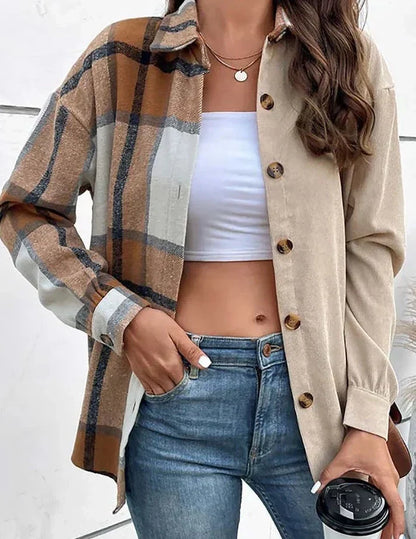 Marleen - Elegant and Comfortable Beige Blouse with Gorgeous Plaid Print for Women